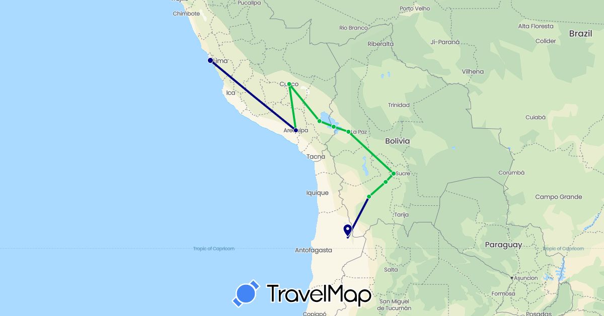 TravelMap itinerary: driving, bus in Bolivia, Chile, Peru (South America)